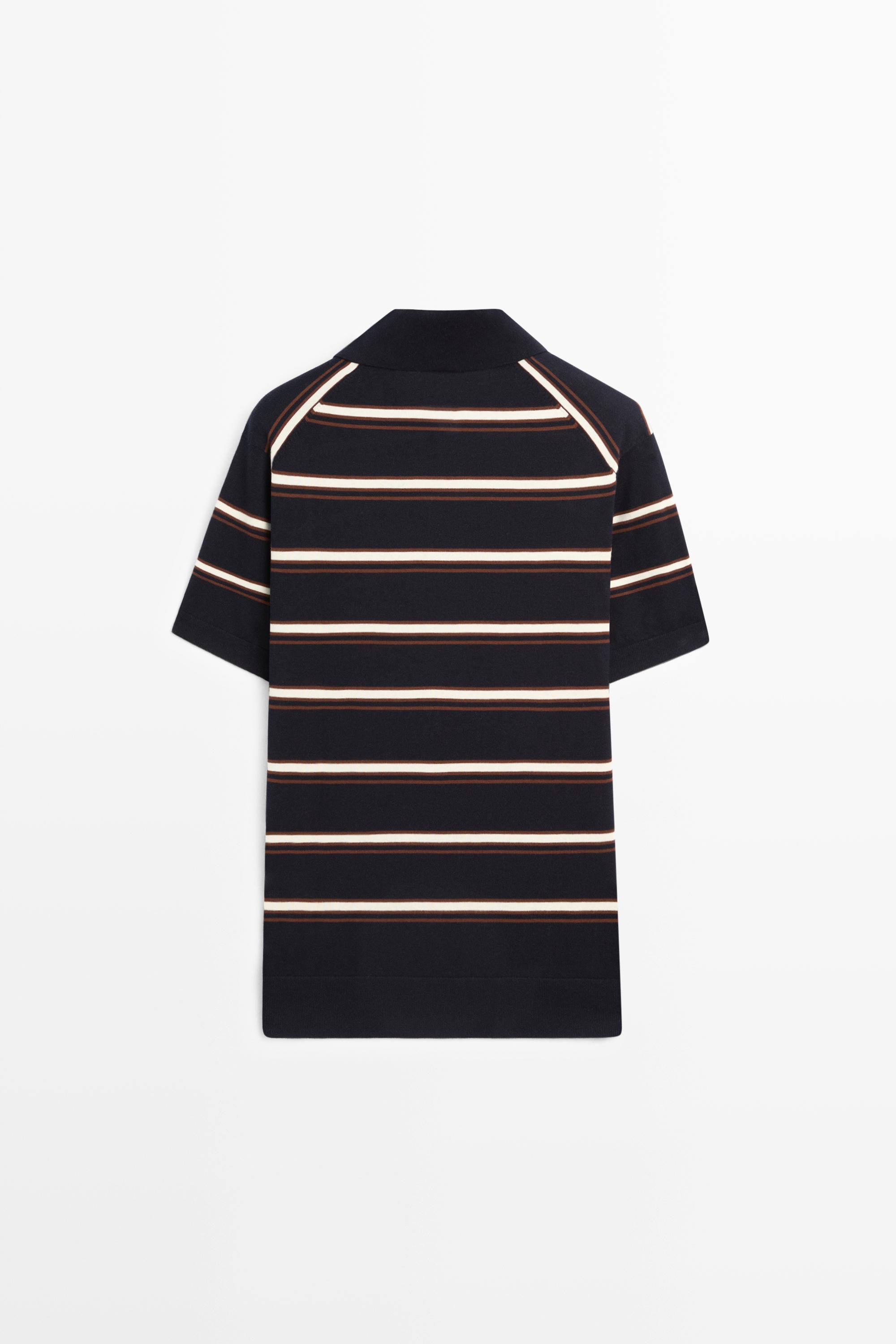 Striped V-neck knit polo shirt